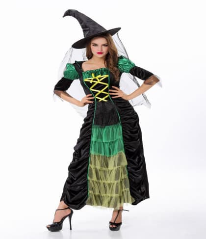 Halloween Masquerade Ball Fancy Witch Green Dress Costume